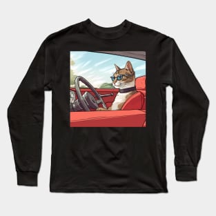 Cat Wearing Glasses Driving A Car Long Sleeve T-Shirt